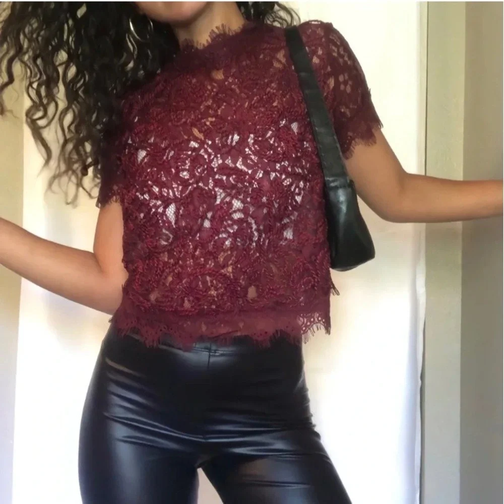 Zara Trafaluc Burgundy Lace Short Sleeve Crop Top Medium